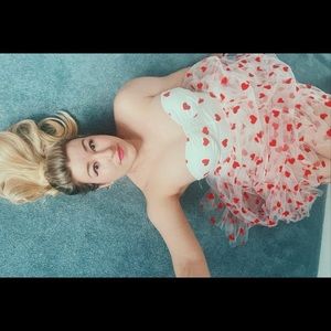 Sleeveless Off Shoulder Heart Print Tulle Dress -XL